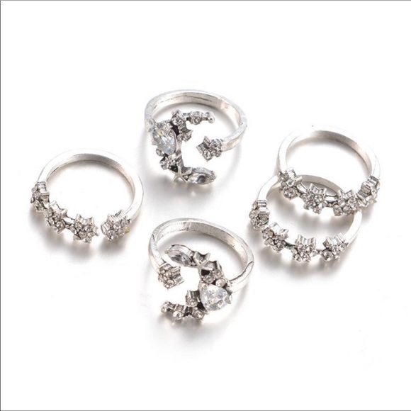 New Silver Boho Moon Star 5 Pieces Rings Set - Picture 3 of 3